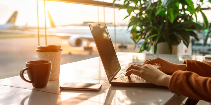 Person typing on a laptop at an airport terminal with coffee cups and a smartphone on the table, airplanes visible outside the window in warm sunlight - Powered by Adobe