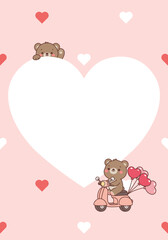 Cute bear riding a scooter with heart shap balloons and waving paw cartoon greeting card, vector illustration