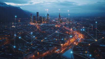 Obraz premium Abstract business man stands on Smart digital Innovation city with connection network reciprocity over the twilight cityscape. of future wireless digital city and social media networking systems