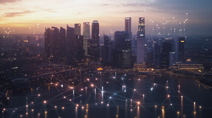 Fototapeta premium Abstract business man stands on Smart digital Innovation city with connection network reciprocity over the twilight cityscape. of future wireless digital city and social media networking systems