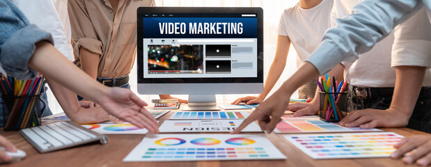 Video Marketing Concept on Laptop Screen. Video Marketing Advertising Business on Social Media and...