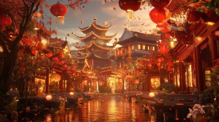 Fototapeta premium Red Lanterns Illuminate Asian City Street at Night