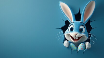 Obraz premium Cheerful cartoon Easter bunny peeks through wall hole, holding colorful decorated eggs, bright blue background, festive surprise and playful holiday spirit, copy space.