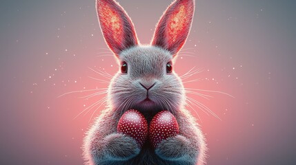 Cute Easter bunny holding two heart-shaped red strawberries close to chest, surrounded by soft pastel colors, conveying warmth and joy, celebrating springtime festivities.