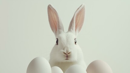 Fototapeta premium Fluffy white Easter bunny gazes curiously at camera, surrounded by white eggs, symbolizing springtime festivities, joy, and celebration, perfect for seasonal decoration.