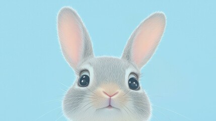 Obraz premium Cute fluffy Easter bunny with large expressive eyes, curious expression set against soft blue background, symbolizing springtime joy and celebration, ideal for festive themes.
