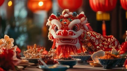 Red Lion Dance Costume at Festive Table with Food and Lanterns