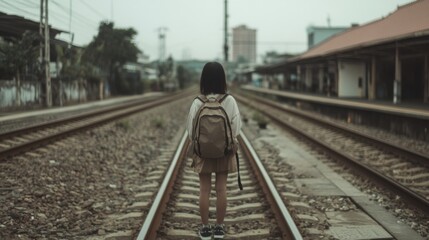 Naklejka premium Woman with backpack standing on train tracks, looking ahead.