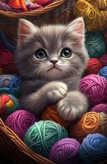 A cute, fluffy gray kitten is surrounded by colorful balls of yarn, with its paws wrapped around one ball and looking at the camera in front view. 