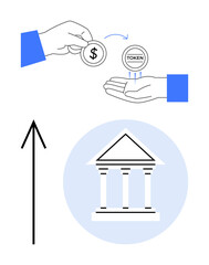 Hand exchanging dollar coin for token, upward arrow symbolizing growth, and classical building. Ideal for banking, finance, cryptocurrency, investment, digital transactions, economic growth