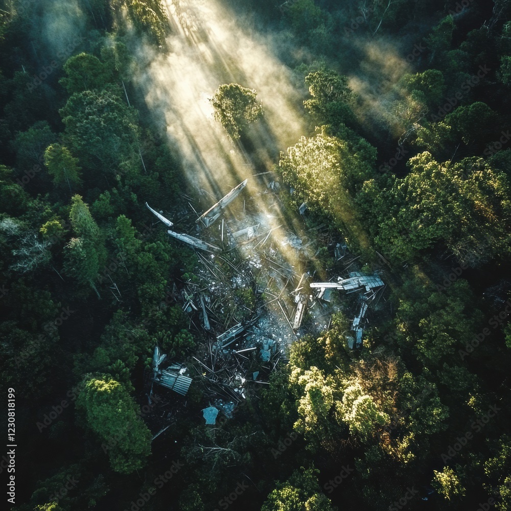 Aufkleber Dense forest covering airplane debris in clearing with sun rays filtering through trees. Generative AI