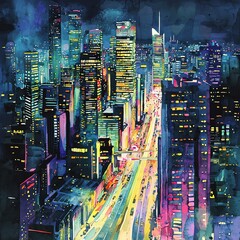 Obraz premium Cityscape illustration in modern watercolor style, tall skyscrapers, city lights, flowing streets, and night sky, neon urban colors