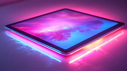 A detailed 3D tablet mockup on a white surface, with subtle reflections on the screen and soft ambient lighting emphasizing the devices contours 