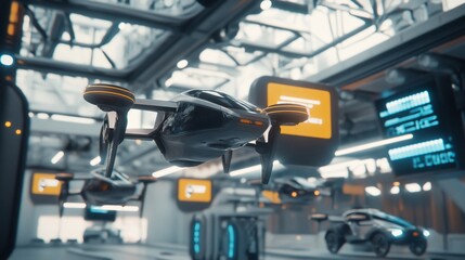 Fototapeta premium Futuristic autonomous drone vehicles in a high-tech industrial hangar ready for operations