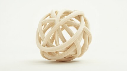 Abstract beige sphere woven from smooth, curved lines against a white background.
