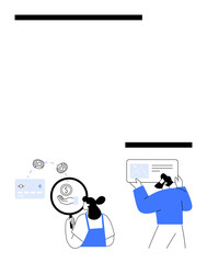 Two professionals engaged in digital transactions and data analysis. One examines credit card and currency under magnifying glass, while the other reviews financial graph on screen. Ideal