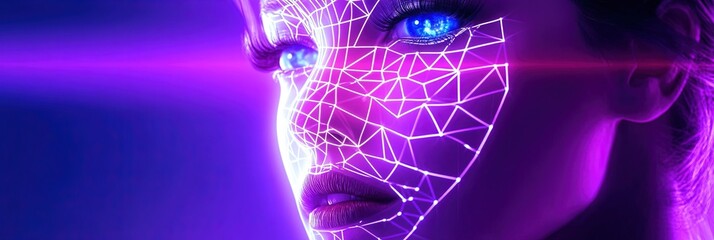 illustration beautiful woman with wireframe hologram over half her face, deepfake concept -