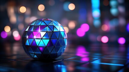 Reflective disco ball on dark floor with bokeh lights.