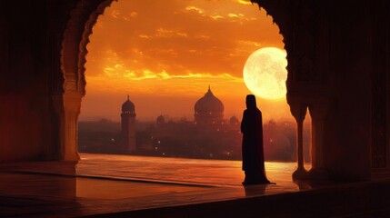 Fototapeta premium Silhouette of Person at Sunset with a Full Moon Over a Cityscape