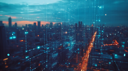 Fototapeta premium Abstract business man stands on Smart digital Innovation city with connection network reciprocity over the twilight cityscape. of future wireless digital city and social media networking systems
