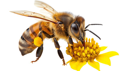 Honey Bee Collecting Pollen From Vibrant Flower Isolated on White Transparent Background
