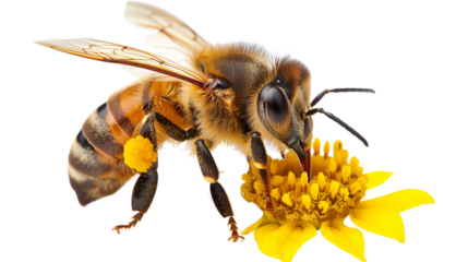 Honey Bee Collecting Pollen From Vibrant Flower Isolated on White Transparent Background