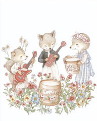 Naklejka premium Cute animal characters playing music in floral garden setting, featuring fox and hedgehogs with instruments and buckets. whimsical and joyful scene