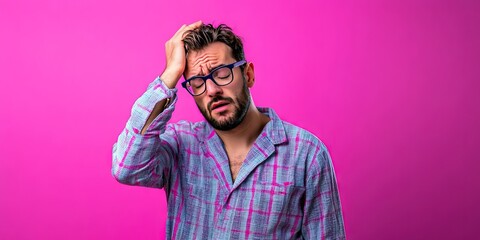 Fototapeta premium tired sleepy man in pajamas, isolated on solid background