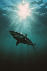 Obraz premium Great white shark in dark waters. Ocean apex predator. Marine life, shark. 