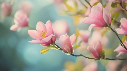 Fototapeta premium Soft Pink Magnolia Blossoms on a Branch