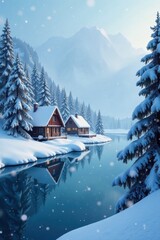 Naklejka premium Winter wonderland scene with snow-covered houses, snowflakes, frozen lake