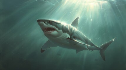 Naklejka premium Great white shark in dark waters. Ocean apex predator. Marine life, shark. 