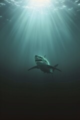 Naklejka premium Great white shark in dark waters. Ocean apex predator. Marine life, shark. 