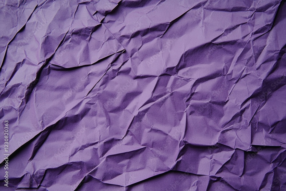 Poster close-up view of crumpled purple wrapping paper providing a unique and textured backdrop, perfect fo