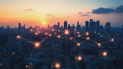 Fototapeta premium Abstract business man stands on Smart digital Innovation city with connection network reciprocity over the twilight cityscape. of future wireless digital city and social media networking systems