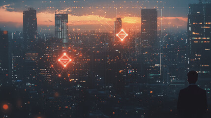 Obraz premium Abstract business man stands on Smart digital Innovation city with connection network reciprocity over the twilight cityscape. of future wireless digital city and social media networking systems