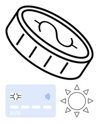Coin with dollar sign, minimalist credit card, and sun symbolizing wealth, digital transactions, and prosperity. Ideal for finance, banking, savings, fintech investments e-commerce abstract line