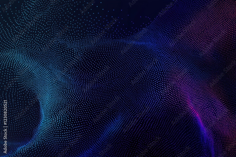 Poster abstract wave of colorful dots flowing smoothly in digital space, creating a dynamic and visually ap