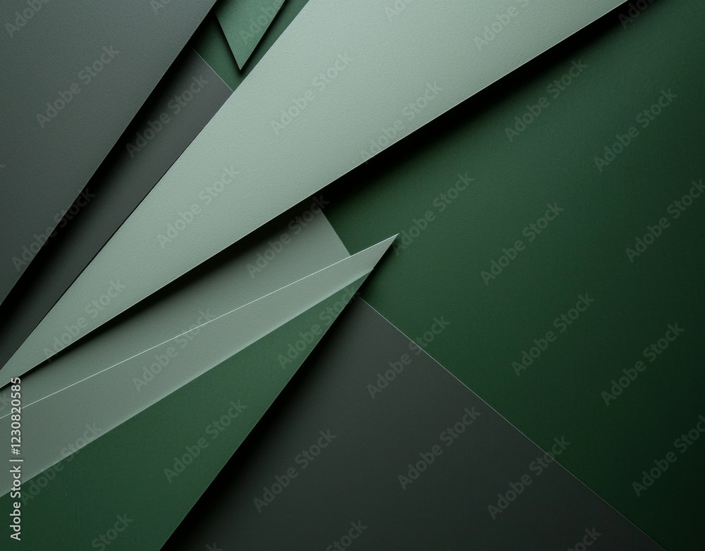 Poster overlapping geometric shapes in varying shades of green create a dynamic and visually engaging abstr