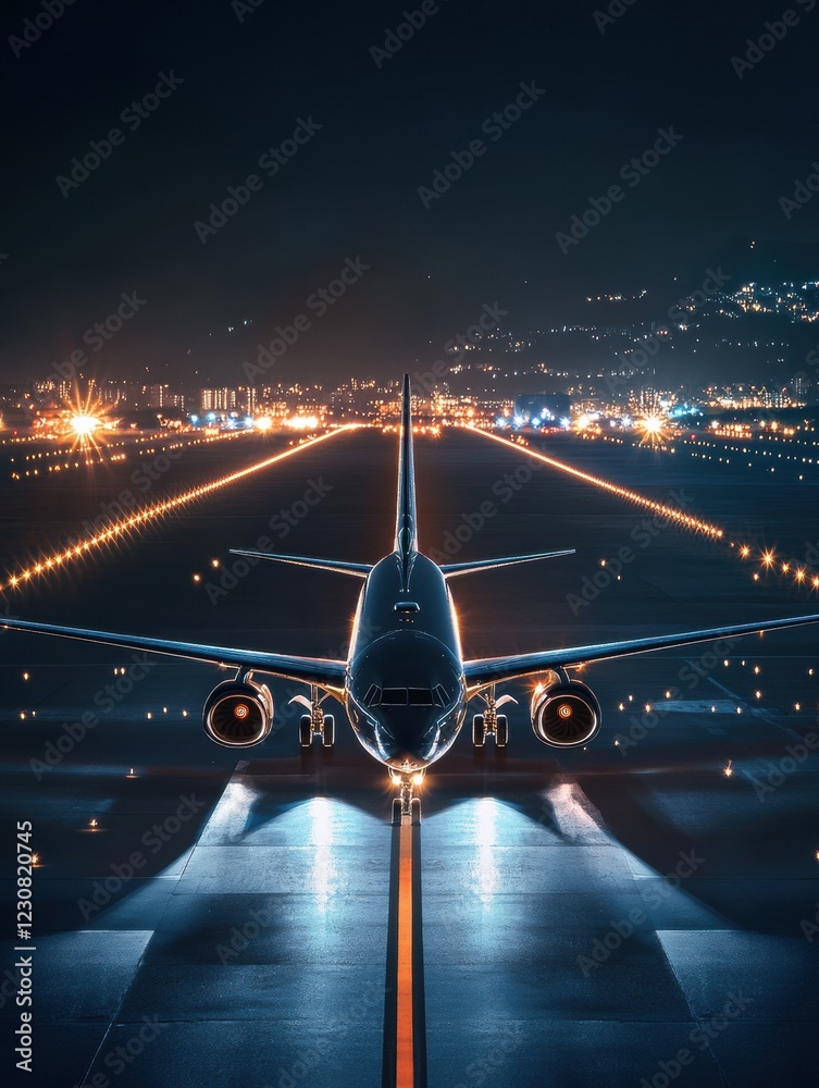 Leinwandbilder airplane prepares for takeoff on illuminated runway at night with surrounding navigation lights. gen