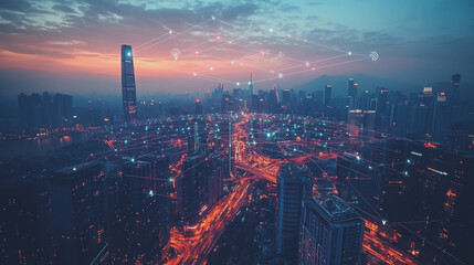 Fototapeta premium Abstract business man stands on Smart digital Innovation city with connection network reciprocity over the twilight cityscape. of future wireless digital city and social media networking systems