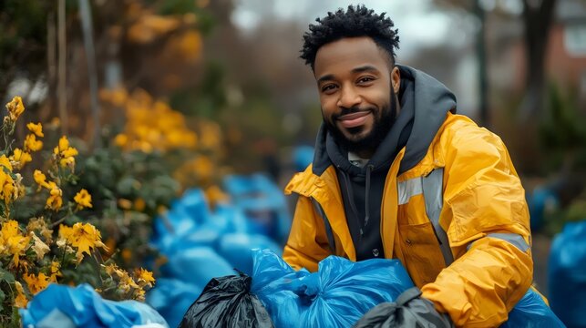 A man in a yellow jacket is smiling and holding a bag of trash