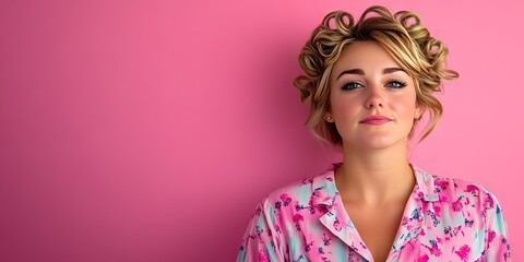 sleepy woman in pajamas, curlers in her hair isolated on solid background 