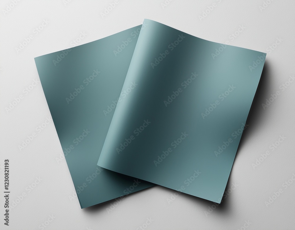 Poster two empty turquoise sheets of paper are curled upwards on a white background, creating an elegant an