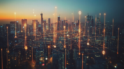 Fototapeta premium Abstract business man stands on Smart digital Innovation city with connection network reciprocity over the twilight cityscape. of future wireless digital city and social media networking systems