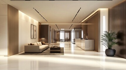 Fototapeta premium Modern Office Lobby Interior Design Featuring Elegant Furniture