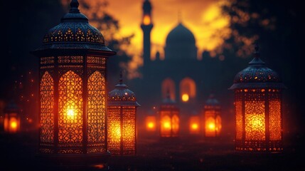 Glowing Lanterns at Dusk near a Mosque