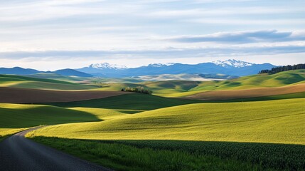 Obraz premium Rolling hills landscape with green fields under a blue sky with snowy mountains in the distance
