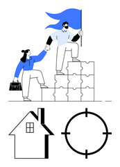Businesswoman helps man climb puzzle blocks while holding a blue flag. Icons of house and target. Ideal for teamwork, leadership, success, goal-setting, real estate, business strategy, mentorship