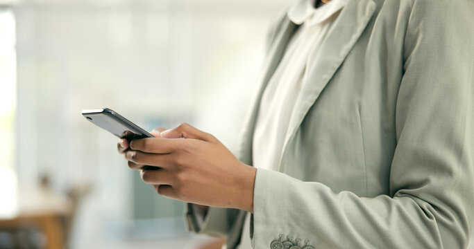Hands, post or businesswoman in office with phone online for social media, email or website notification. Closeup, news blog or worker on mobile app texting or networking for communication or chat - Powered by Adobe